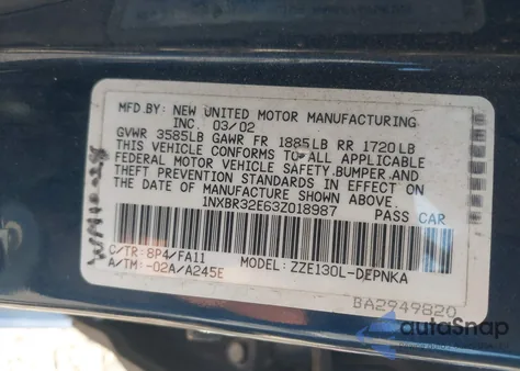 2003 Toyota Corolla Le from USA, damaged, VIN 1NXBR32E63Z018987